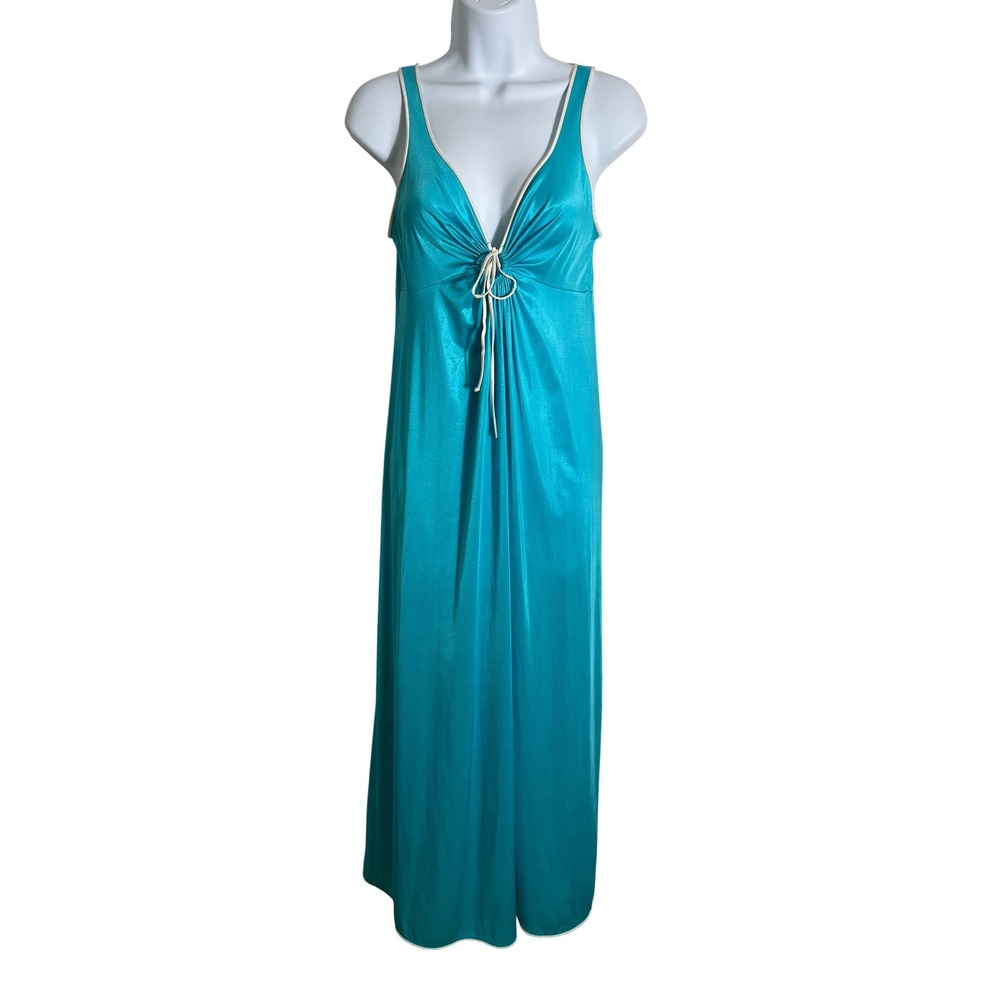 VINTAGE 1960s VASSARETTE Turquoise Satin Nightgown Maxi Slip Dress - Picture 2 of 11